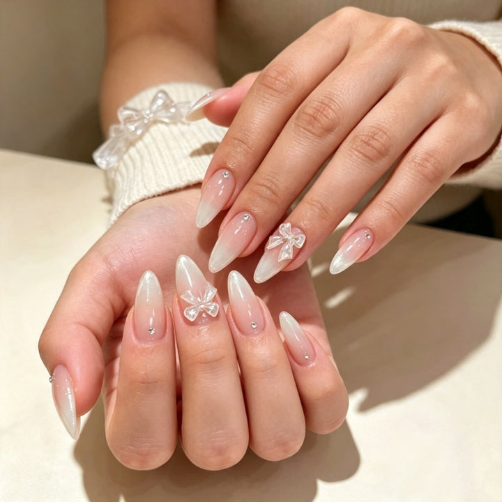 Elegant Press-On Nail Set with Decorative Bow and Gem Accents Bowlift