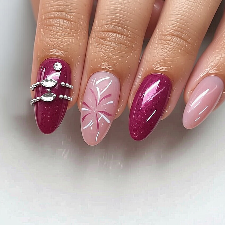 Artistic Press-On Nail Set with Floral Patterns and Gem Accents Bowlift