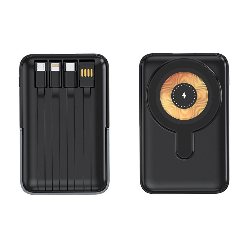 Compact power bank with integrated charging cable and wireless charging function Bowlift