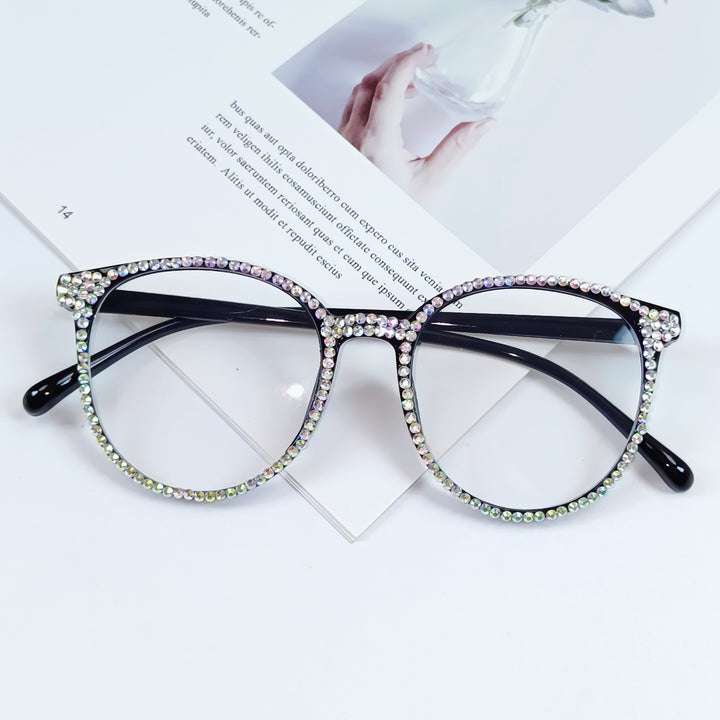 Women Stylish Cat Eye Glasses with Sparkling Rhinestone Trim Bowlift
