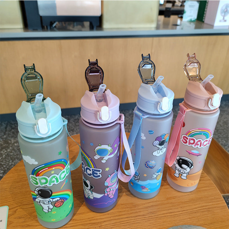 Women's water bottle in space design with practical carrying strap Bowlift