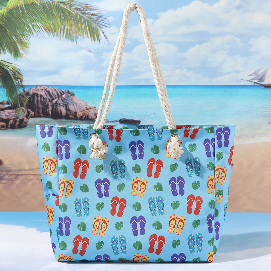 Large Canvas Rope-Handle Beach Tote Bag with Printed Flip-Flop Pattern Bowlift