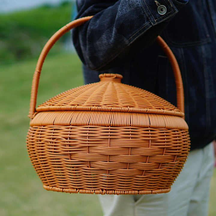 Women's Handcrafted Storage Basket with Lid and Carry Handle Bowlift