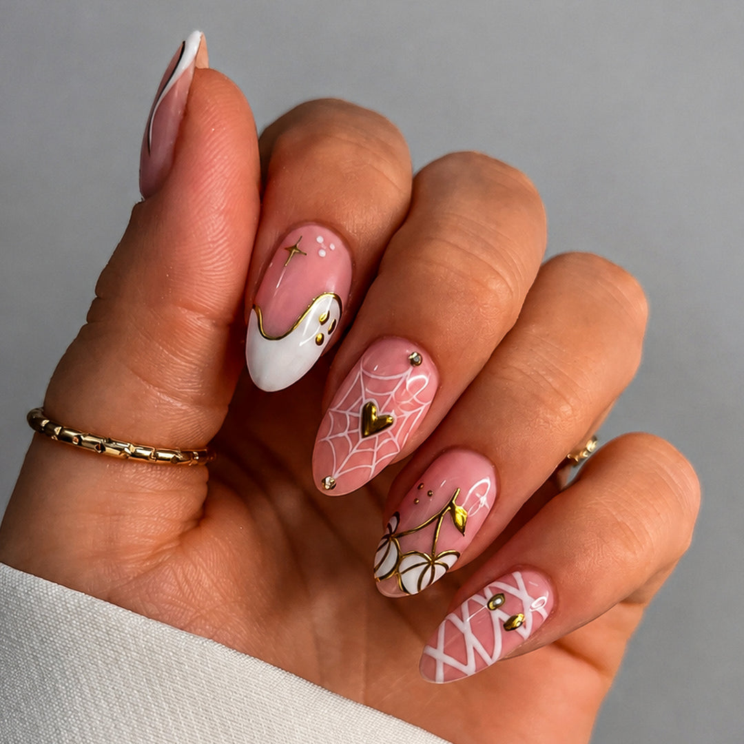 Acrylic nail set with elegant spider designs and golden accents Bowlift