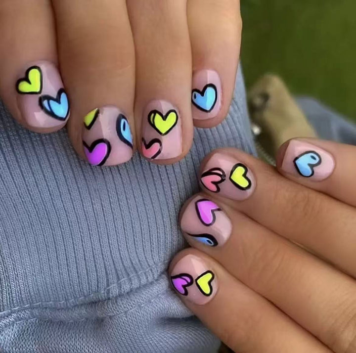 Acrylic Nail Set with Colorful Heart Designs Bowlift