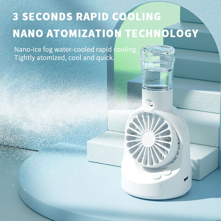 Cooling portable misting handheld fan with detachable water reservoir and adjustable-angle stand Bowlift