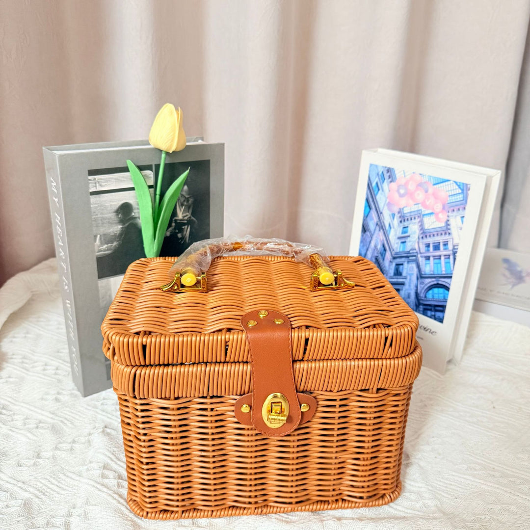 Women's Handwoven Rattan Storage Basket with Belly Pocket Bowlift