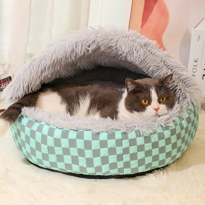 Chequered 2in1 Cat Cave Bed Bowlift