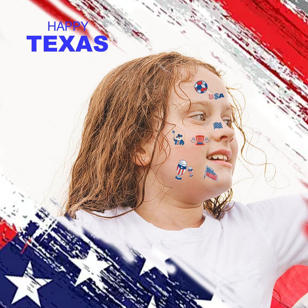 Independence Day illustrated temporary tattoo sheets with assorted patriotic icons skin-safe waterproof Bowlift