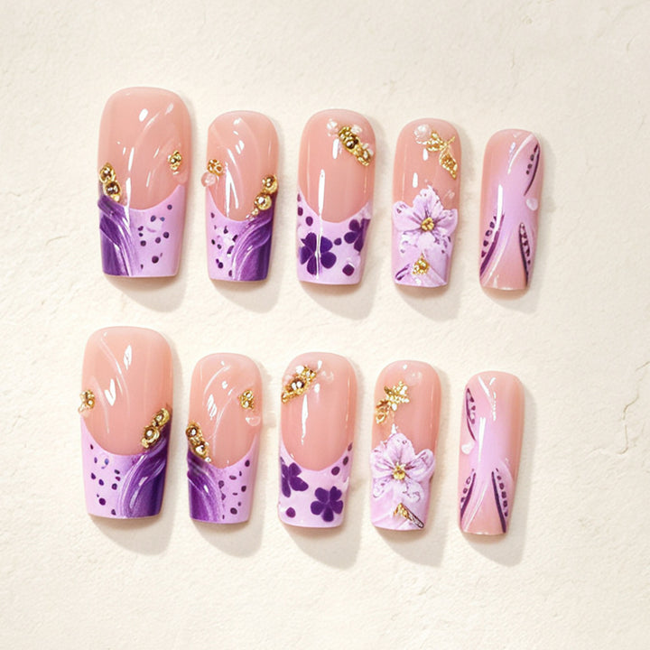 Artistic Floral Press-On Nail Design Bowlift
