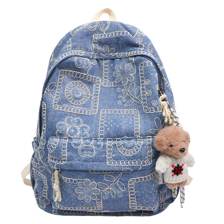 Floral Embroidered Denim Backpack
