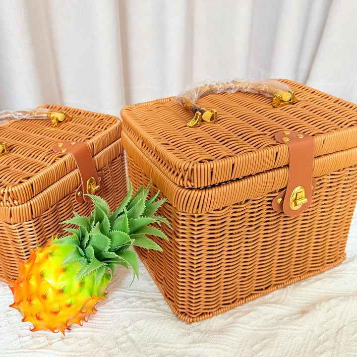 Women's Handwoven Rattan Storage Basket with Belly Pocket Bowlift