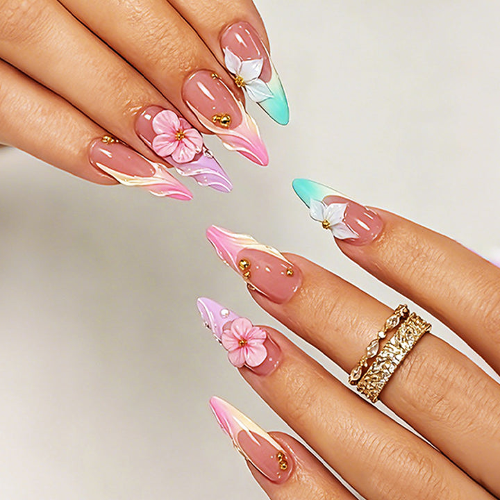 Elegant Artistic Press-On Nail Set with Floral Designs Bowlift