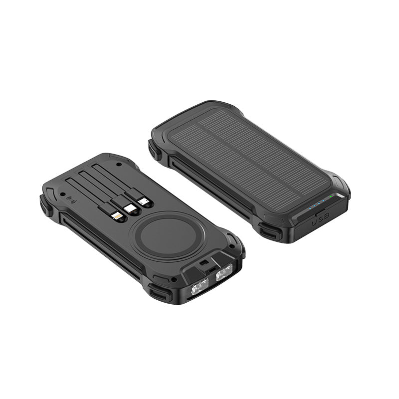 Solar power bank with multifunctional ports and LED light Bowlift
