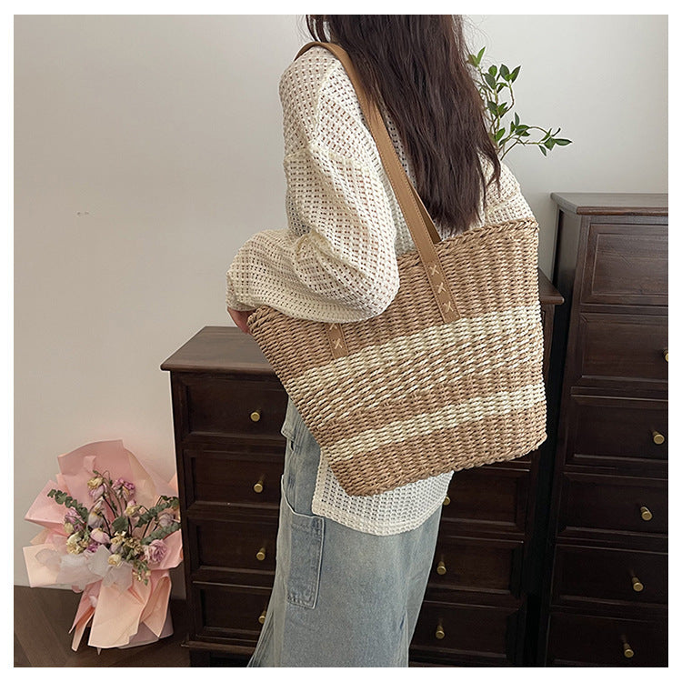 Woven Natural Material Handbag with Leather Accents Bowlift