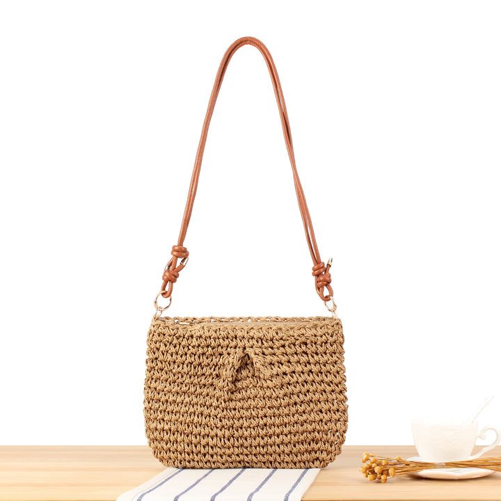 Braided Natural Material Handbag with Elegant Button Closure Bowlift