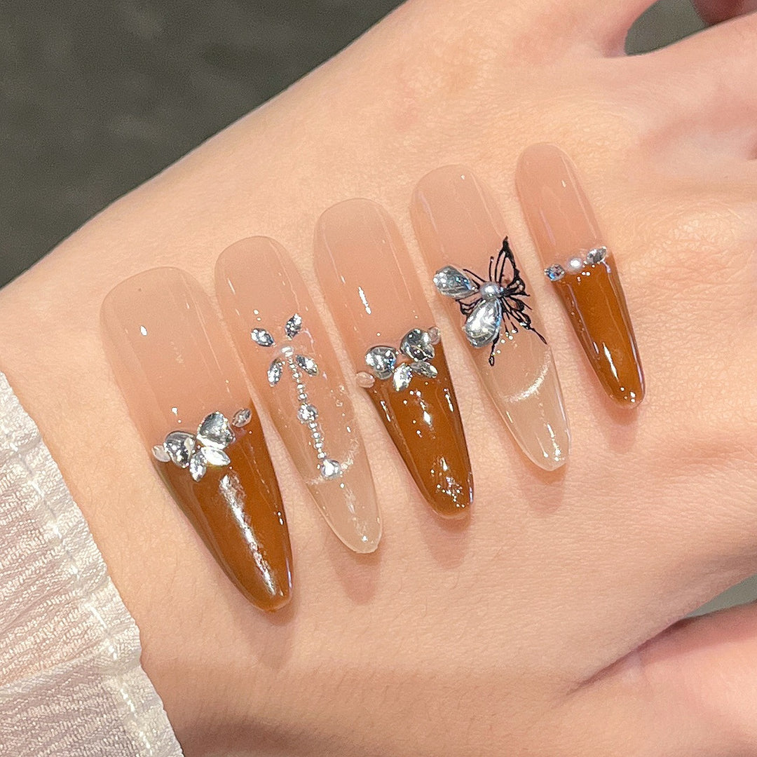 Artistic 3D Butterfly and Gem Press-On Nail Extensions Bowlift