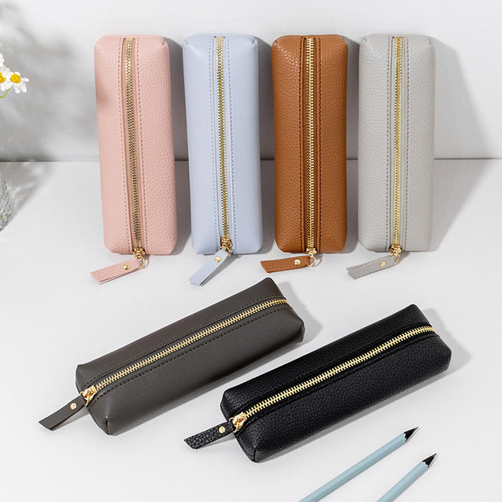Genuine Pebbled Leather Slim Pen Case with Gold Zipper Bowlift