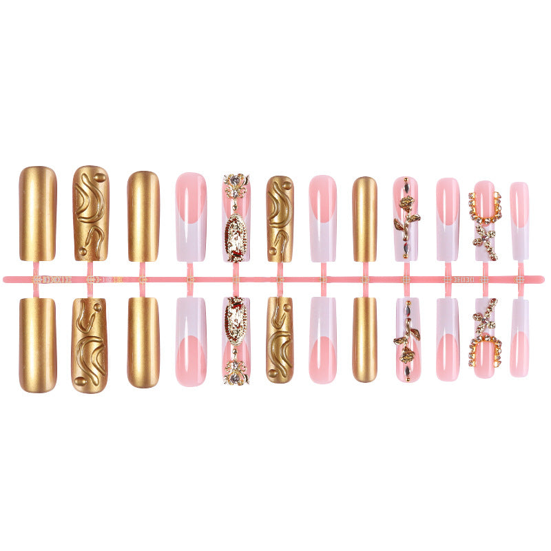 Decorative Press-On Nail Set with Stylish Gold Accents Bowlift