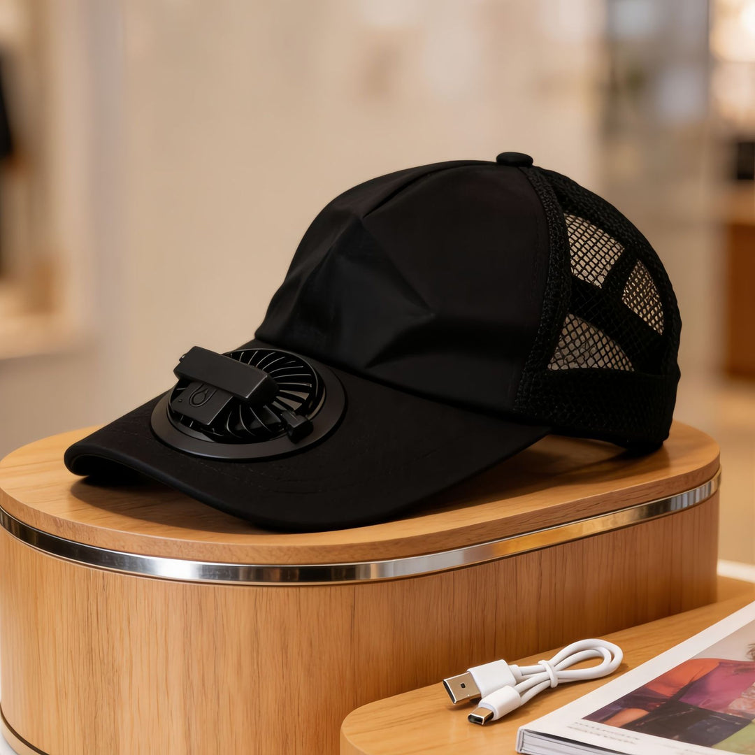 Unisex cap with integrated fan Bowlift