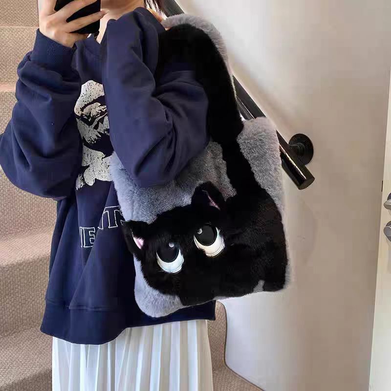 Plush Faux Fur Cartoon Eye-Appliqué Tote Bag with Bow Shoulder Straps Bowlift