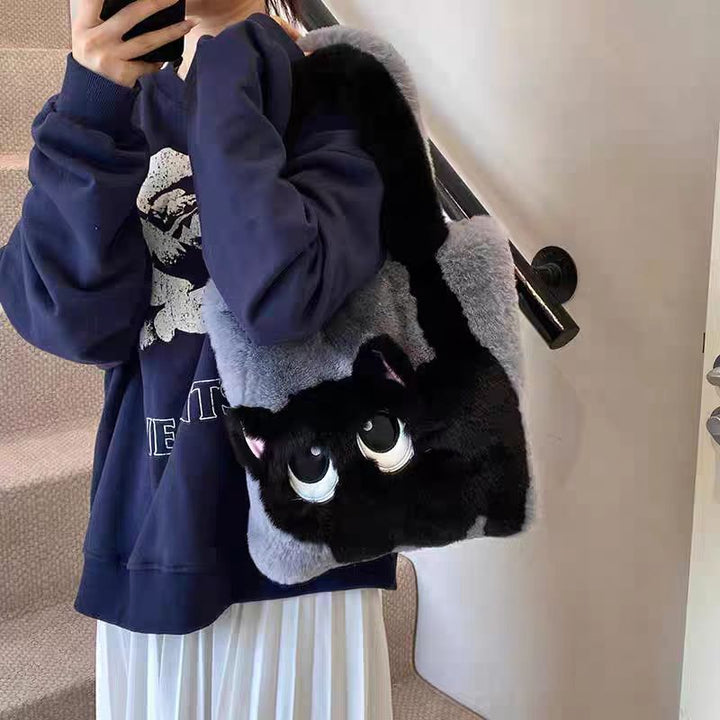 Plush Faux Fur Cartoon Eye-Appliqué Tote Bag with Bow Shoulder Straps Bowlift