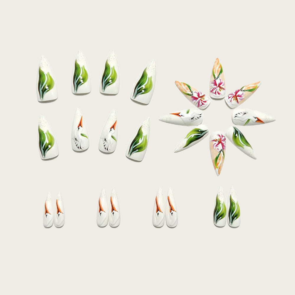 Artificial Nail Set with Floral Stork Design Bowlift