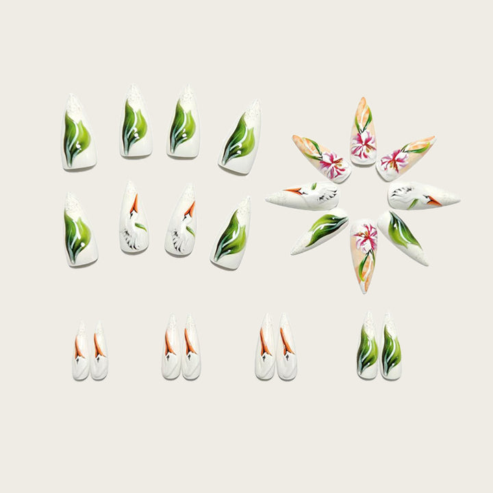 Artificial Nail Set with Floral Stork Design Bowlift