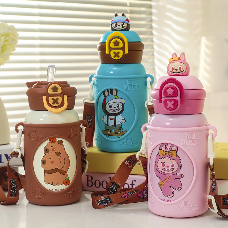 Women's insulated children's water bottle with ergonomic carrying system and fun animal design Bowlift