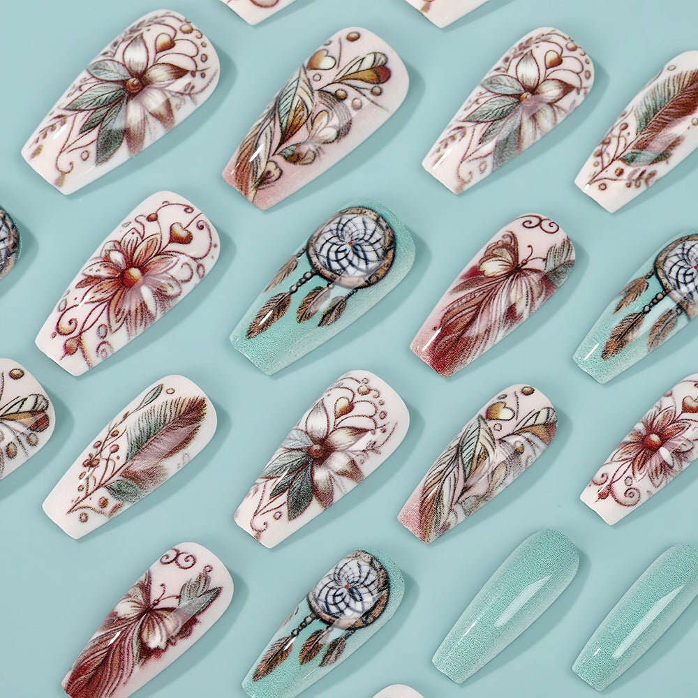 Artificial nails with floral patterns and dreamcatcher motif Bowlift