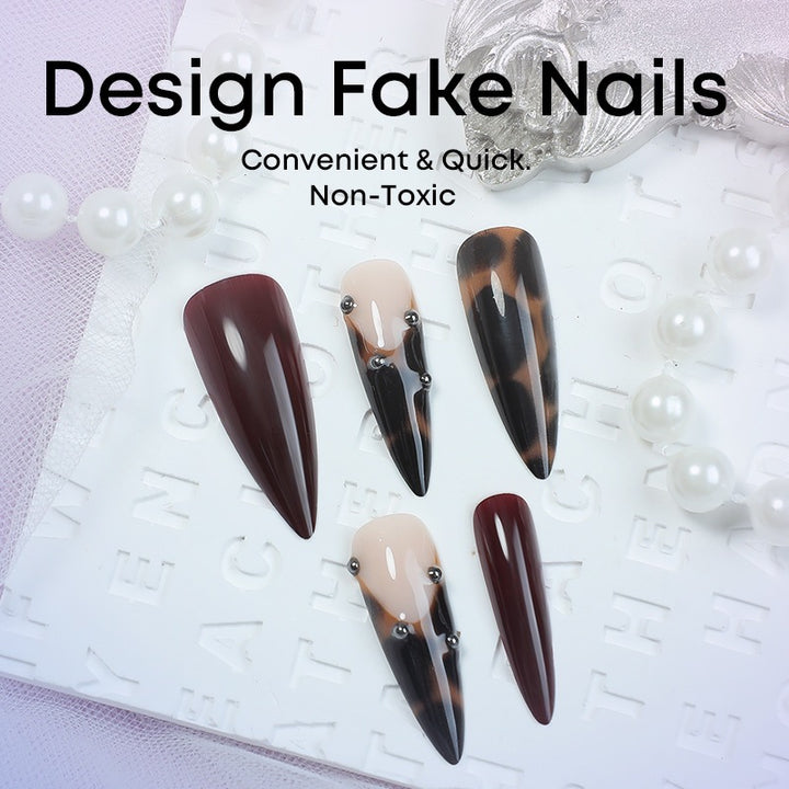 Artificial nail set with elegant leopard and burgundy design Bowlift