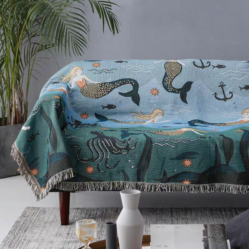 Artistic Mermaid-Themed Woven Throw Blanket