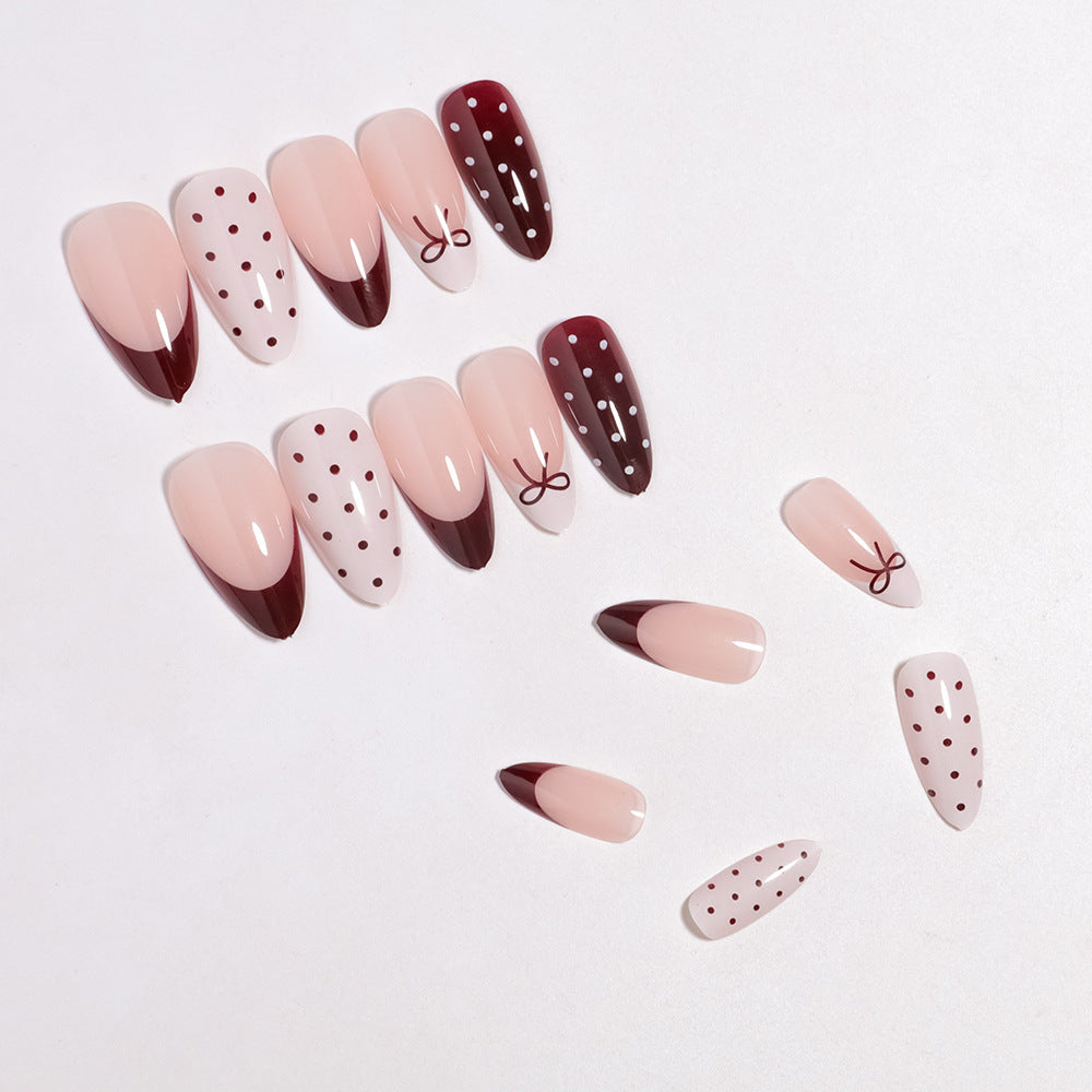 Artistic Press-On Nail Set with Bow and Dot Design Bowlift