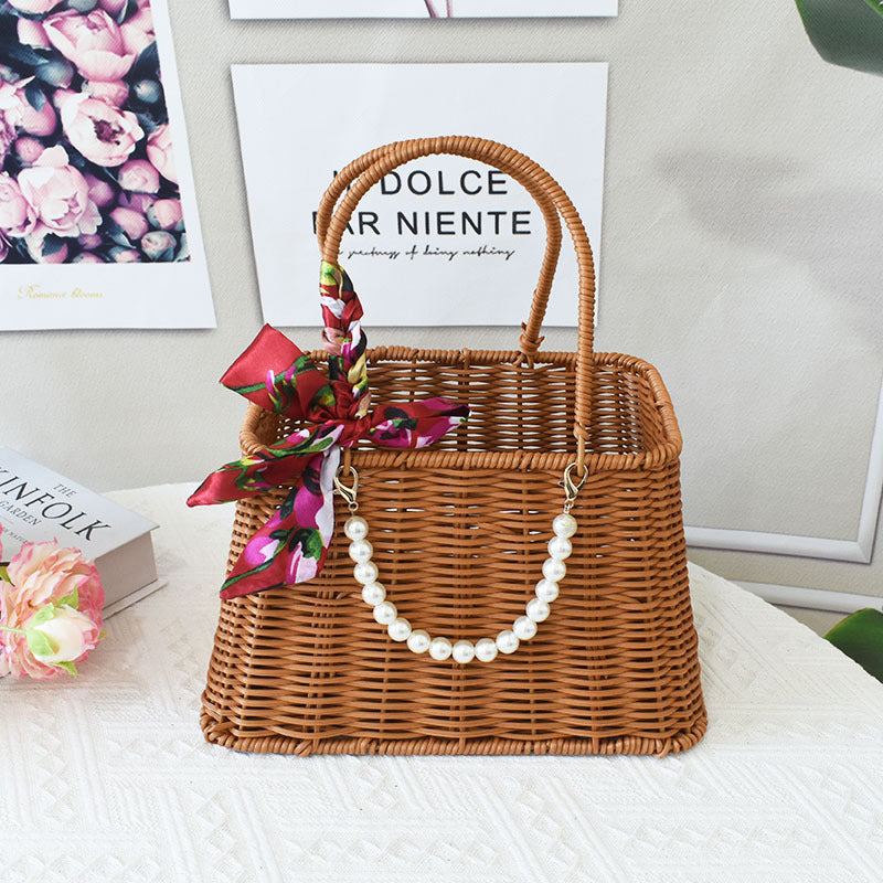 Chic Woven Handbag with Pearl Accent Bowlift