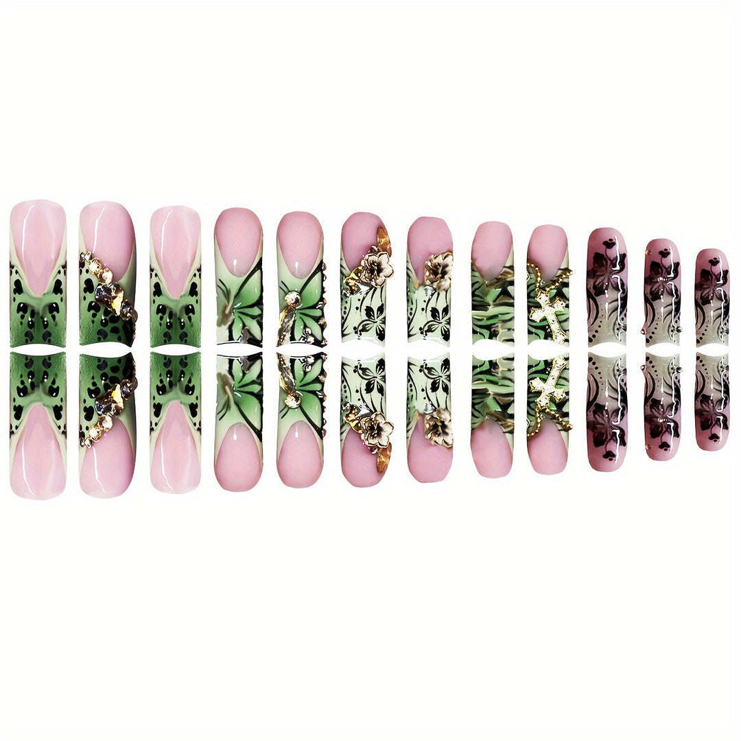 Decorative Floral Press-On Nails with Gem Accents Bowlift