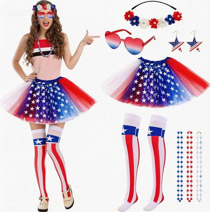 Women's patriotic carnival costume set with layered tulle skirt elastic waistband bow hairband thigh-high stockings and arm warmers Bowlift