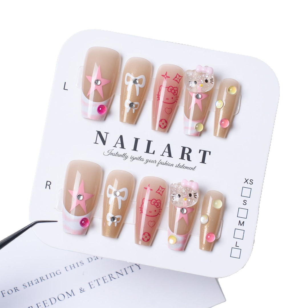 Artistic Press-On Nail Extensions with Floral Embellishments Bowlift