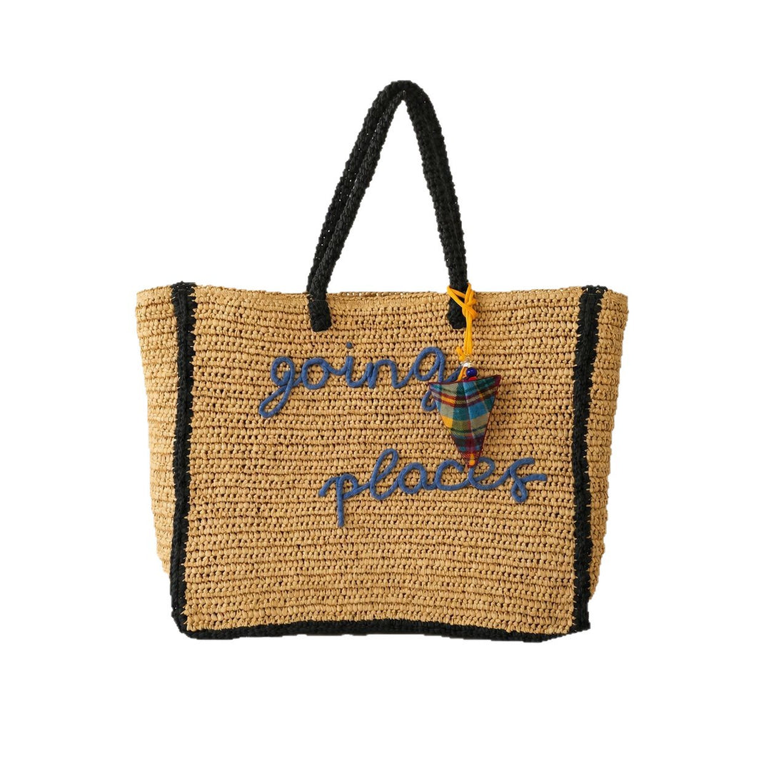 Spacious straw shopping bag with lettering Bowlift