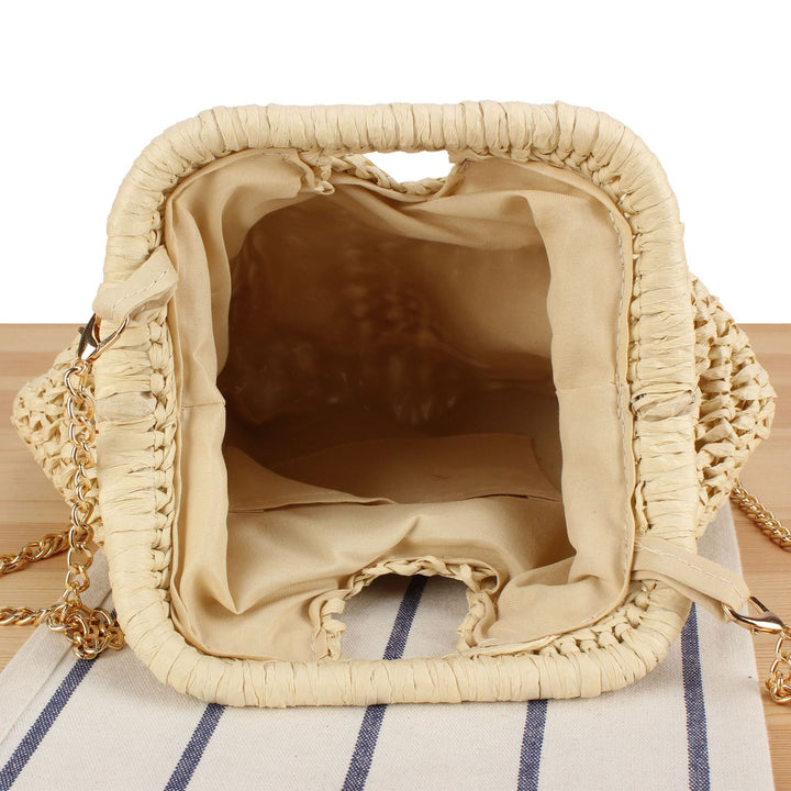 Shoulder bag made of hand-knotted natural material with elegant chain strap Bowlift