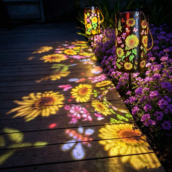 Solar Projection Lantern With Sunflower Floral Metal Cylinder And Hanging Handle Bowlift