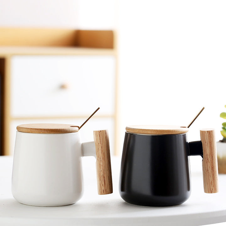 Ceramic Coffee Mug Gift Set with Bamboo Lid Ergonomic Wooden Handle and Gold Spoon Bowlift