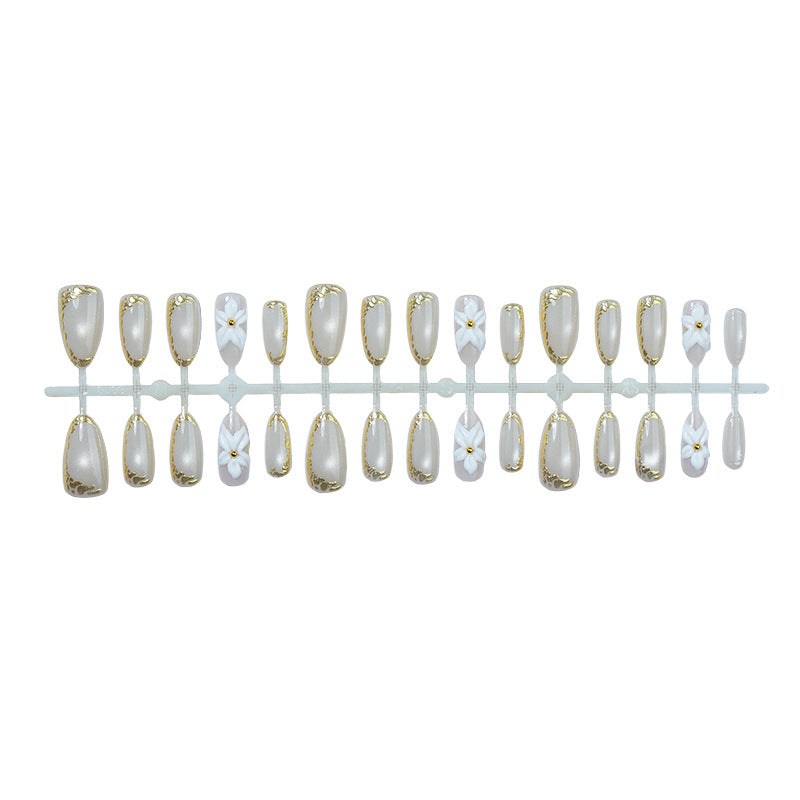 Elegant Press-On Nail Art Set with Floral and Gold Accents Bowlift