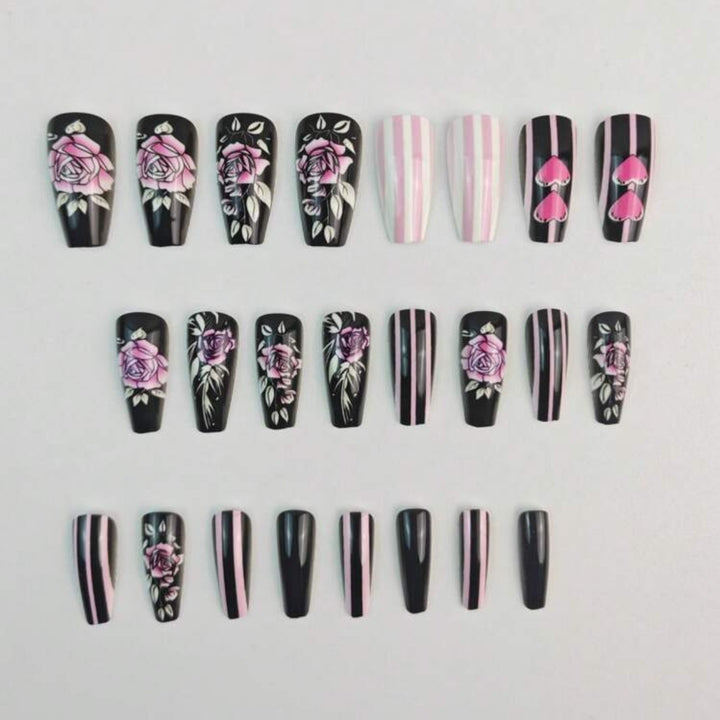 Artificial nail set with romantic rose and heart designs Bowlift