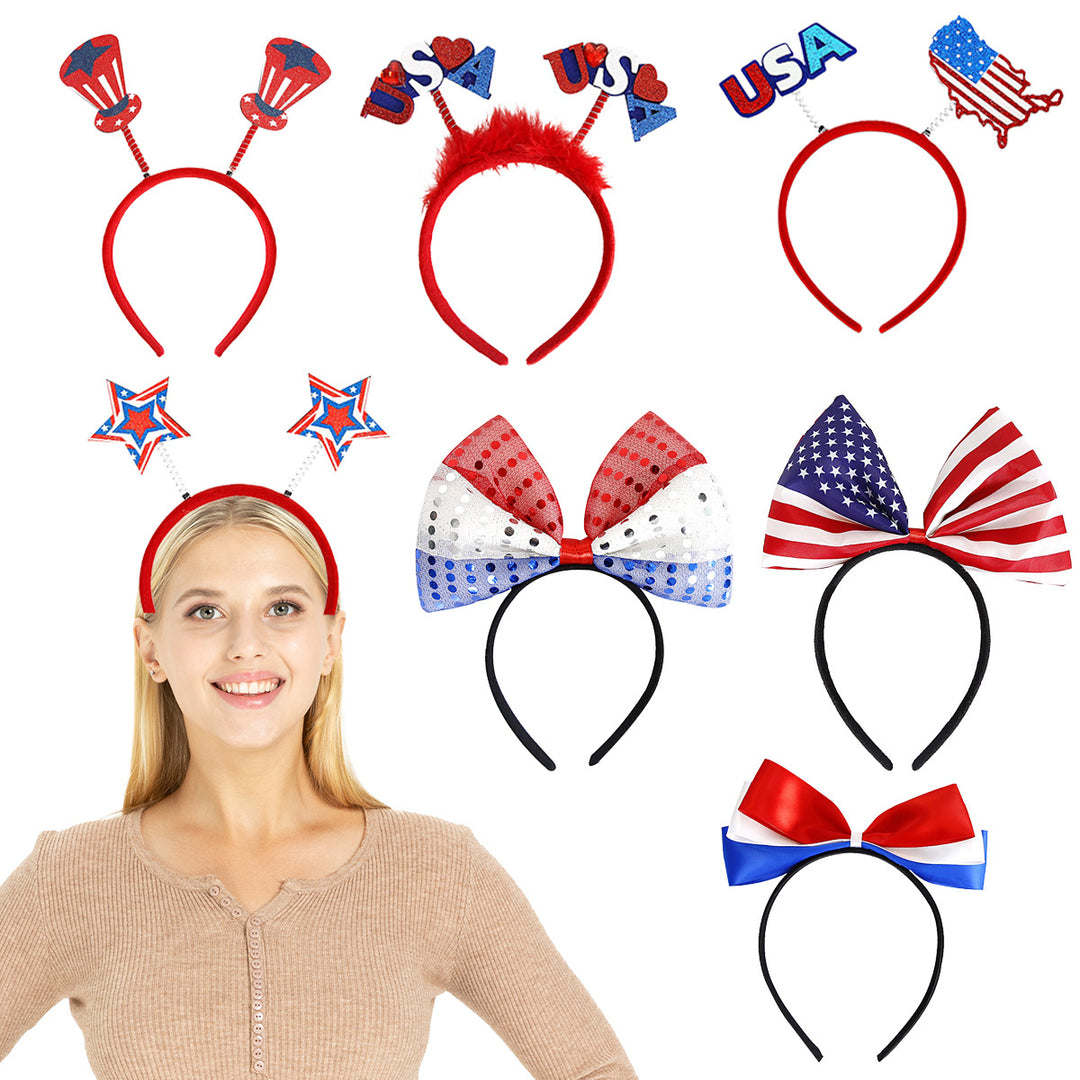 Independence Day patriotic novelty headband with spring-top Uncle Sam hats and glitter accents Bowlift