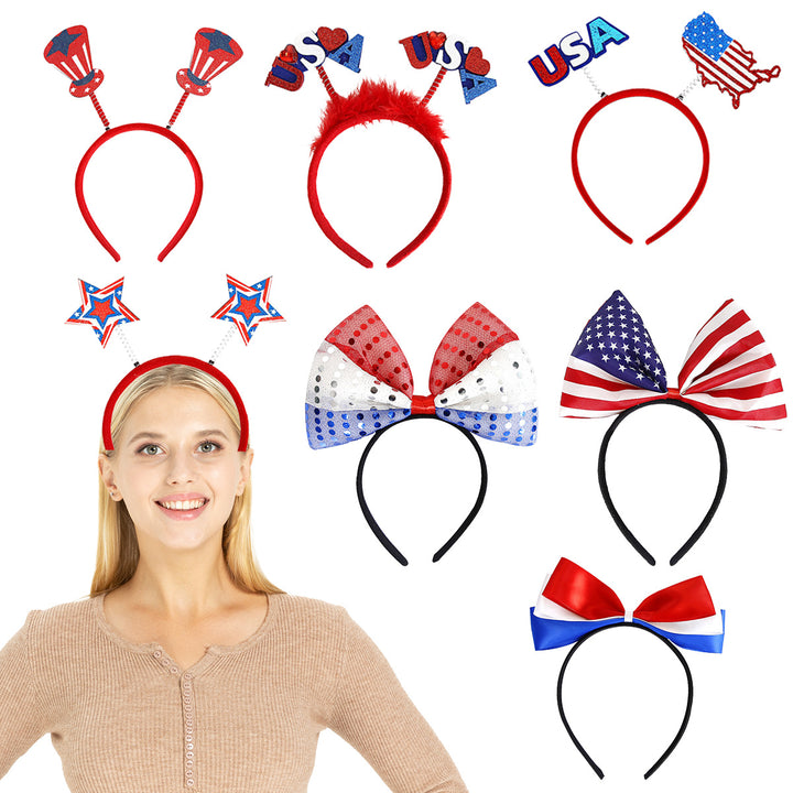 Independence Day patriotic novelty headband with spring-top Uncle Sam hats and glitter accents Bowlift