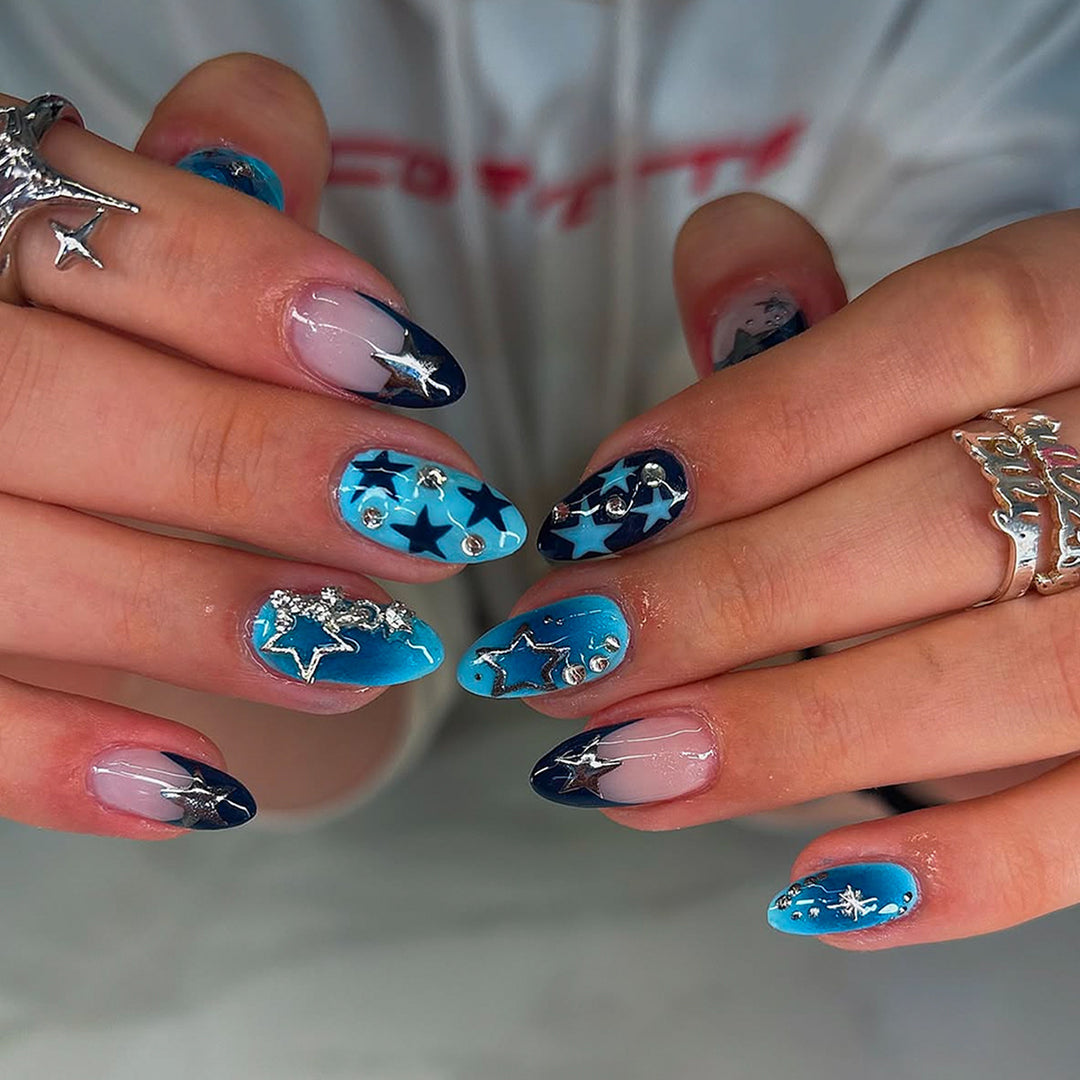 Artificial fingernails with Starlit design and glitter accents Bowlift