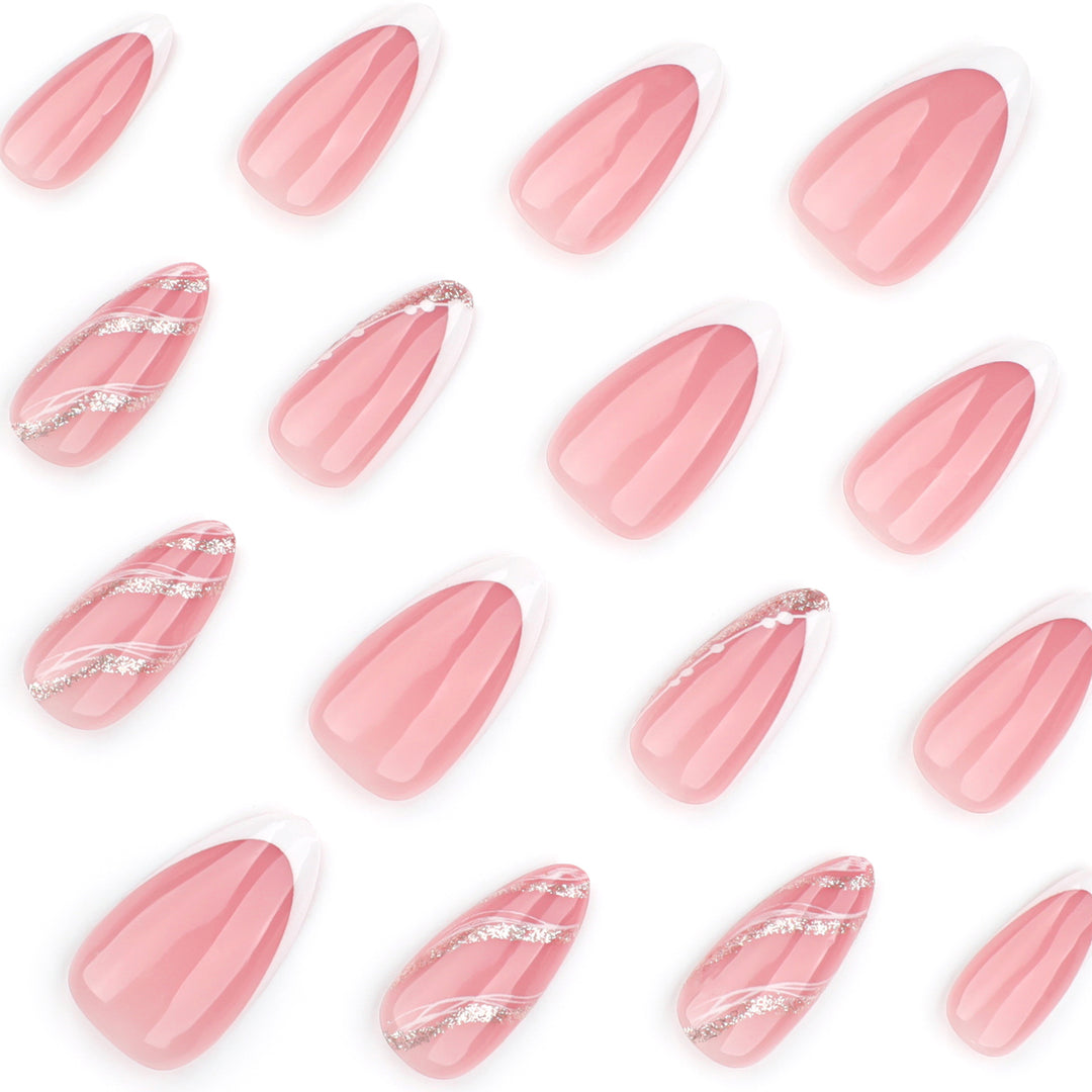Elegant French-Tip Artificial Nails with Glitter Accents Bowlift