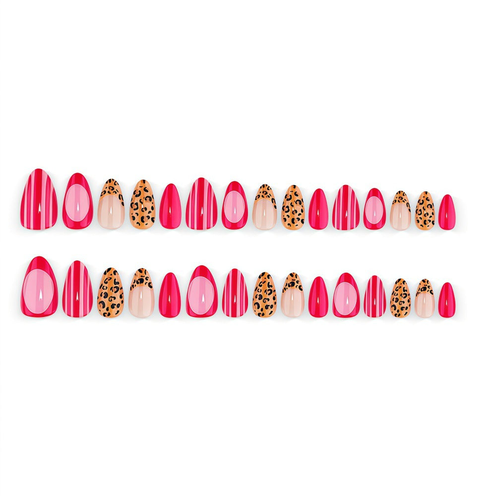 Artificial Nail Set with Stylish Leopard and Stripe Pattern Bowlift