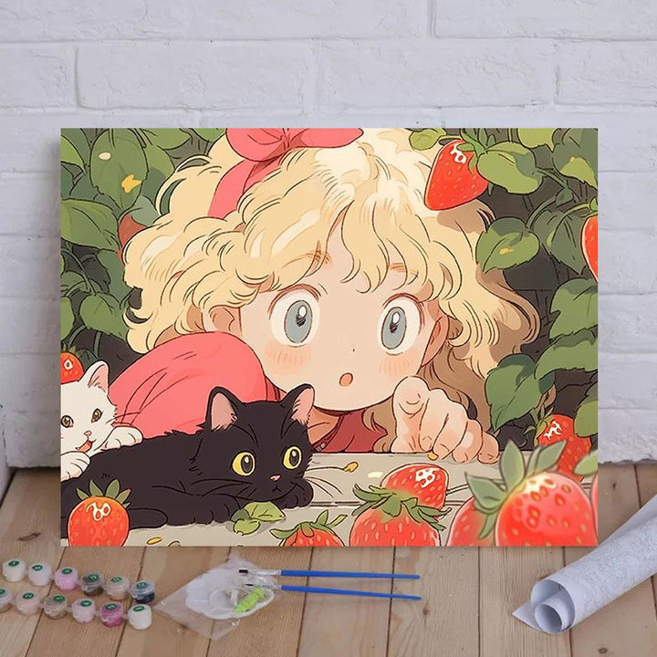 Cartoon Cat and Girl Themed Canvas Paint by Numbers Art Kit Bowlift