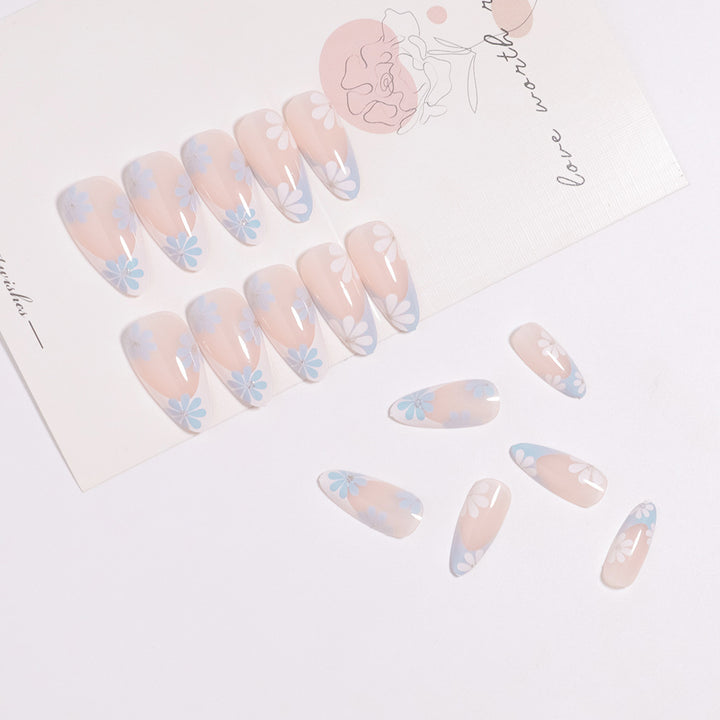 Pointed Almond-Shaped Press-On Nails with Floral Design Bowlift